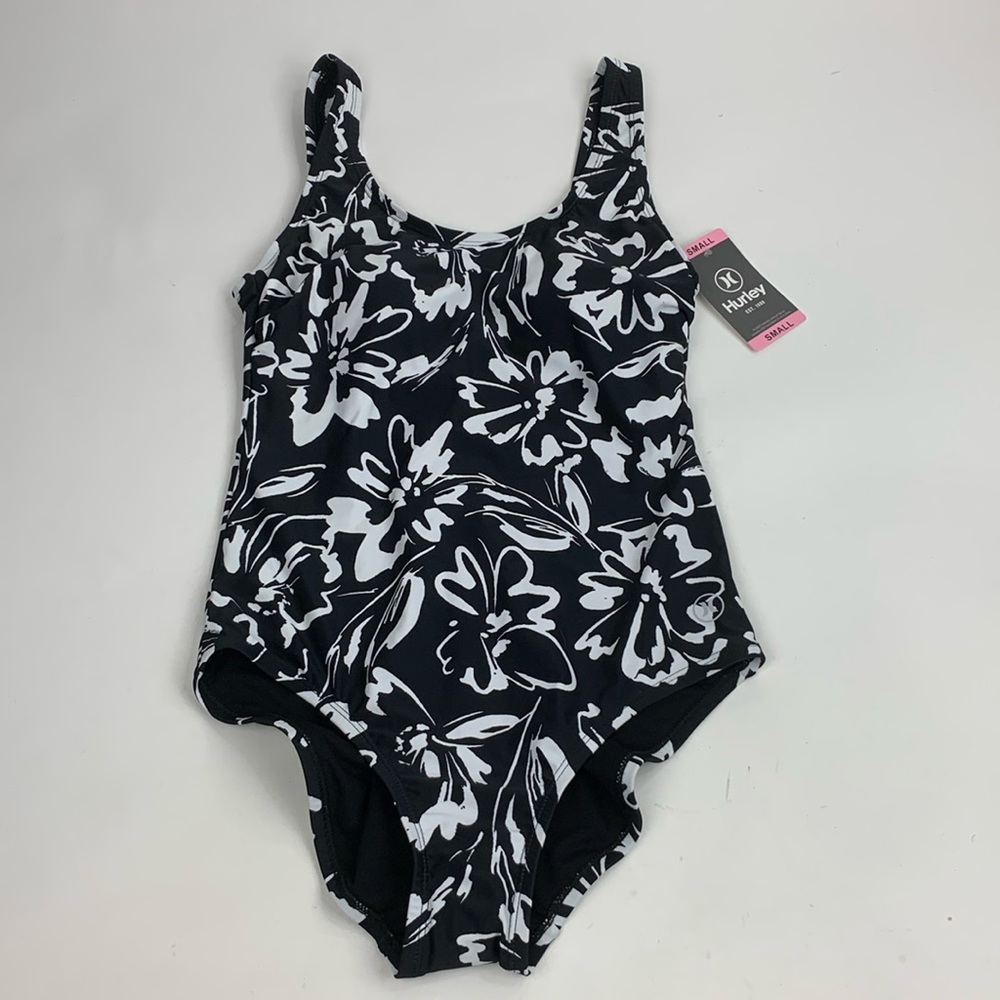 Hurley Ink Fresco One Piece Swimsuit Sz Small Black White UPF 50+ Padded bra NWT
